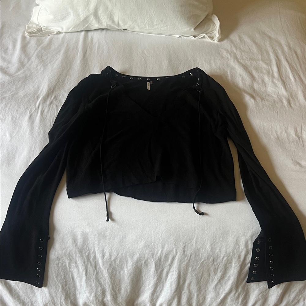 Free People Black Blouse with Lace-Up Sleeves
